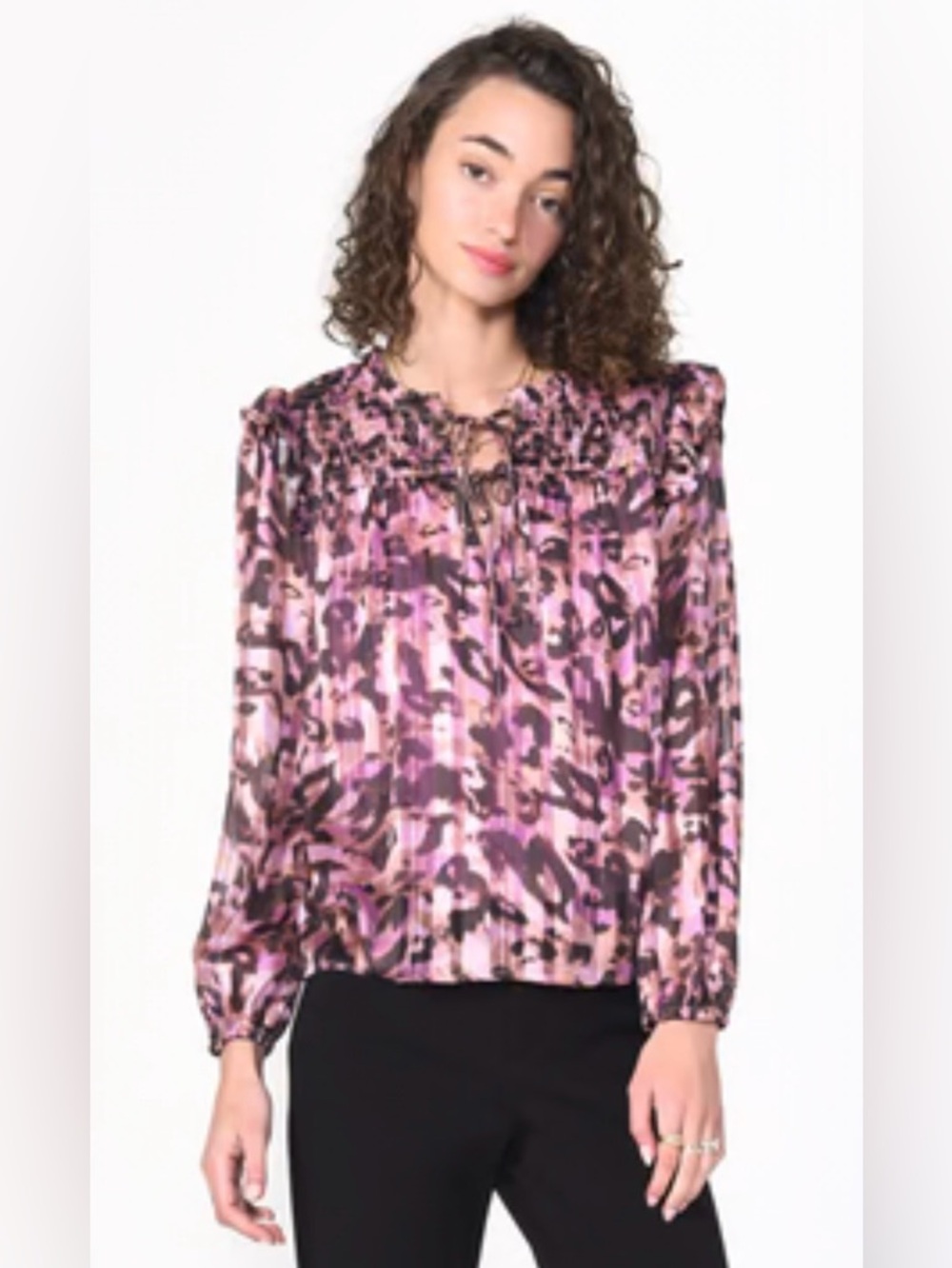 Greylin Pink and Purple Floral Tanis Tie-Front Ruffle Blouse Sz M